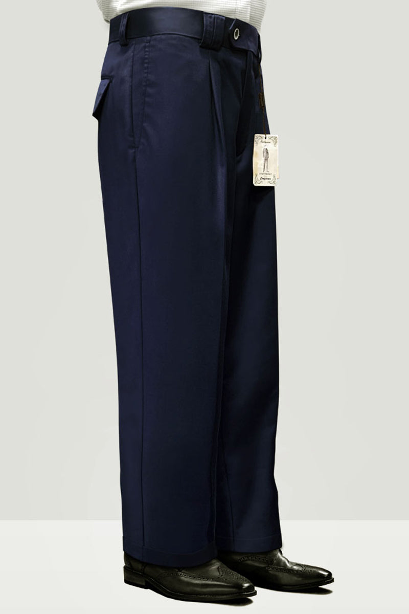 Men's Designer Wool Pleated Wide Leg Dress Pants in Navy Blue