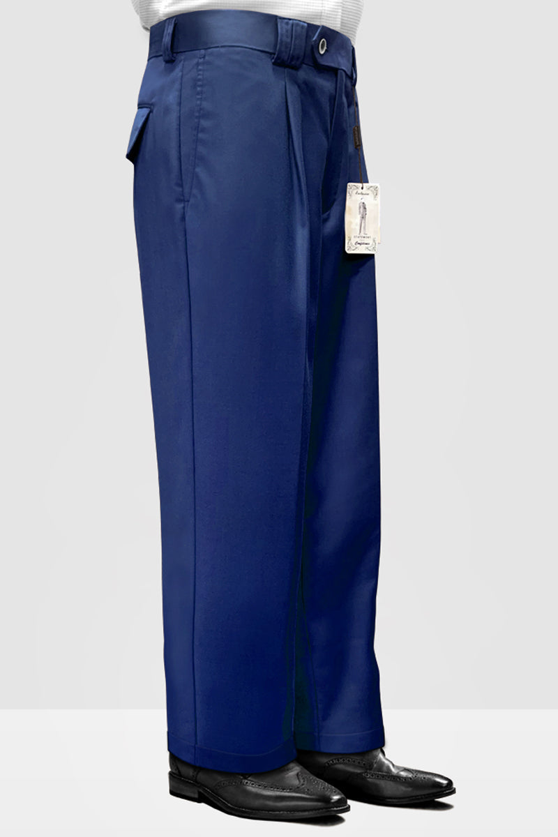 Men's Designer Wool Pleated Wide Leg Dress Pants in Sapphire Blue