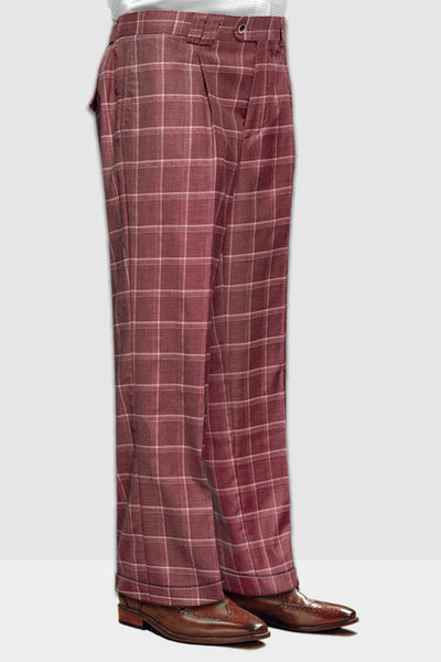 Men's Designer Wool Pleated Wide Leg Dress Pants in Burgundy Brick Windowpane Plaid