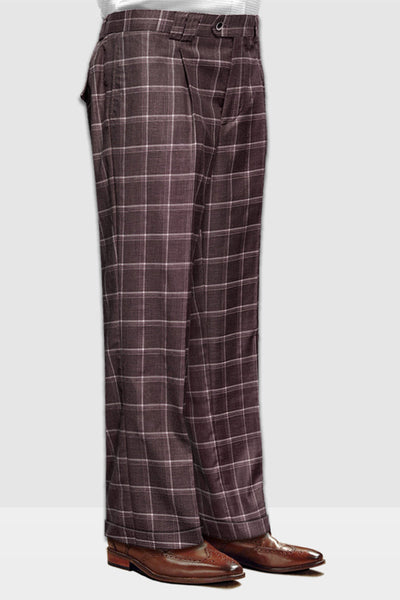 Men's Designer Wool Pleated Wide Leg Dress Pants in Brown Windowpane Plaid