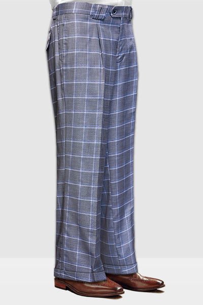 Men's Designer Wool Pleated Wide Leg Dress Pants in Grey Windowpane Plaid