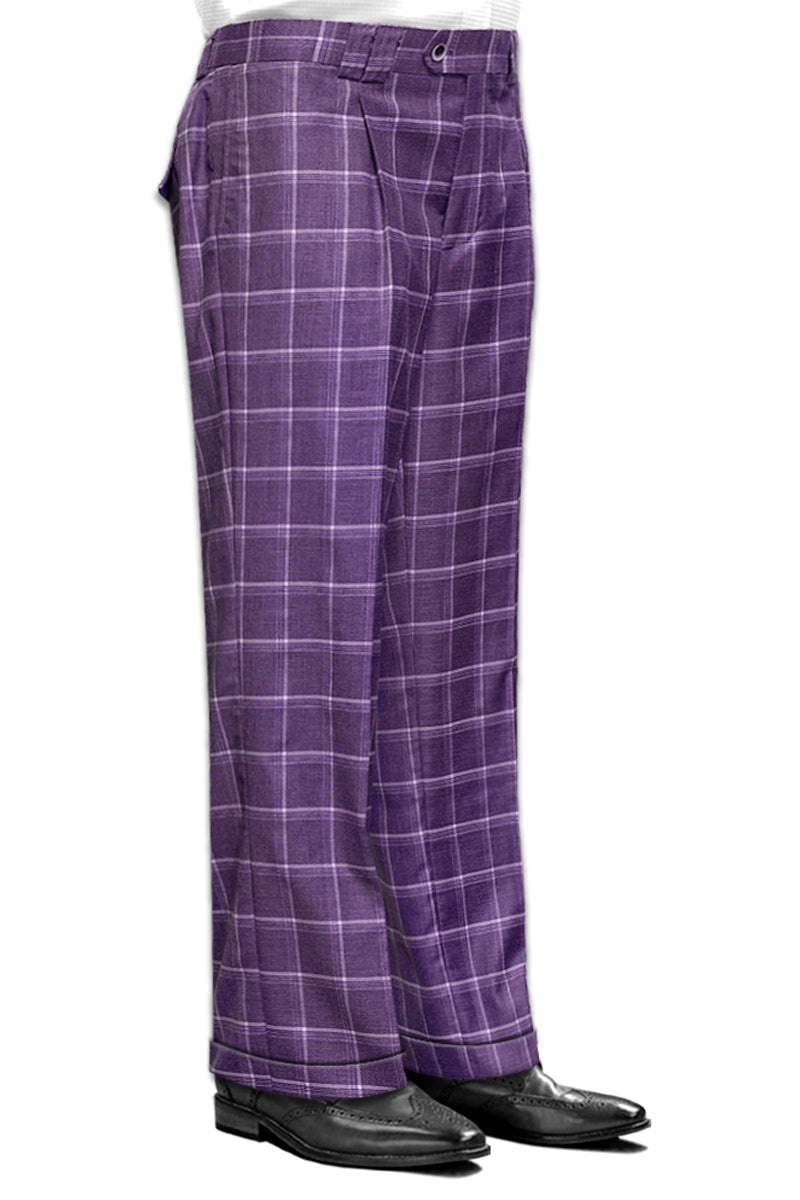 Men's Designer Wool Pleated Wide Leg Dress Pants in Mauve Windowpane Plaid