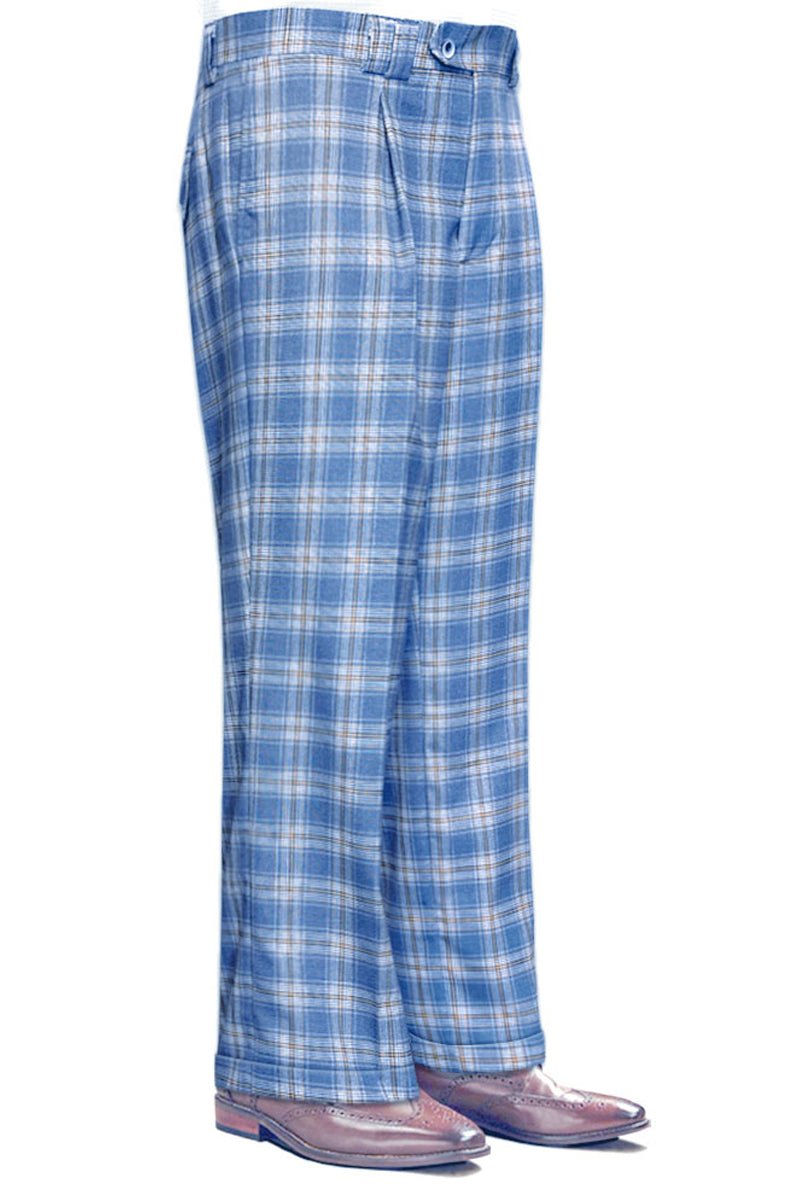 Men's Designer Wool Pleated Wide Leg Dress Pants in Light Blue Plaid