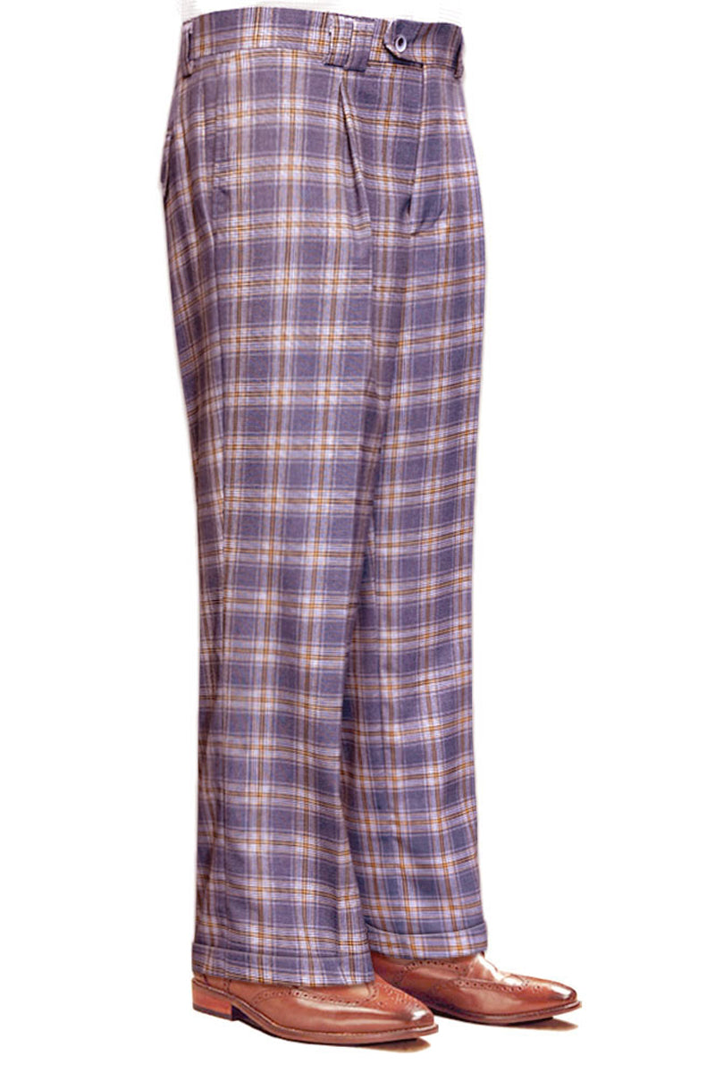 Men's Designer Wool Pleated Wide Leg Dress Pants in Lavender Plaid