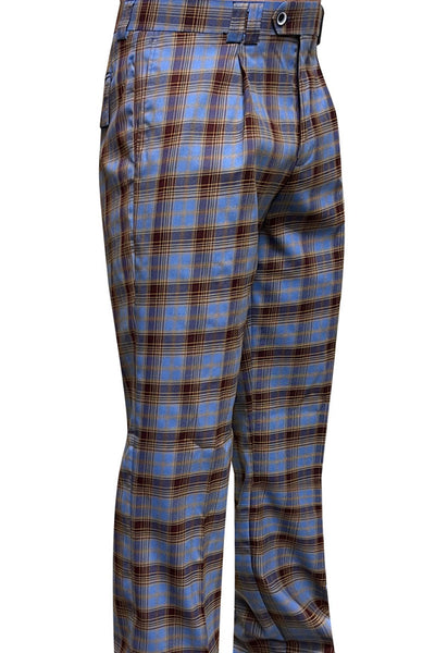 Men's Designer Wool Pleated Wide Leg Dress Pants in Blue & Brown Plaid