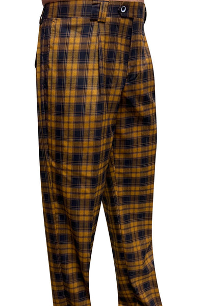 Men's Designer Wool Pleated Wide Leg Dress Pants in Copper & Mustard Plaid