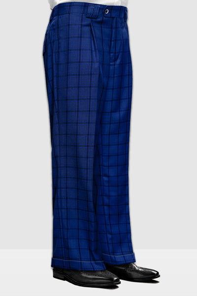 Men's Designer Wool Pleated Wide Leg Dress Pants in Sapphire Blue Plaid