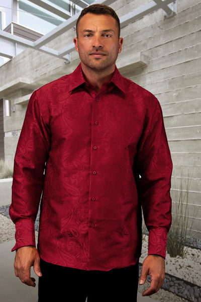 Men's Fancy Long Sleeve Woven Paisley Dress Shirt in Burgundy