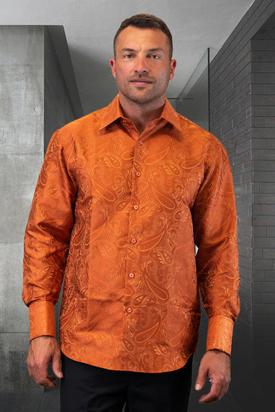 Men's Fancy Long Sleeve Woven Paisley Dress Shirt in Copper