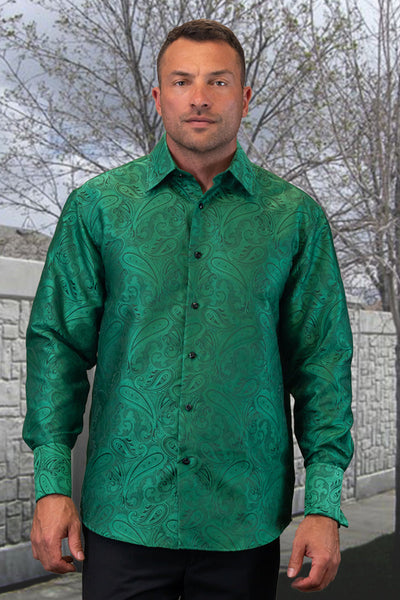 Men's Fancy Long Sleeve Woven Paisley Dress Shirt in Forest Green