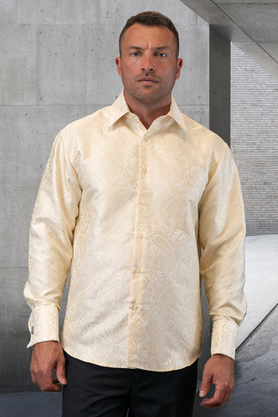 Men's Fancy Long Sleeve Woven Paisley Dress Shirt in Ivory Off White