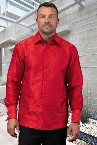 Men's Fancy Long Sleeve Woven Paisley Dress Shirt in Red