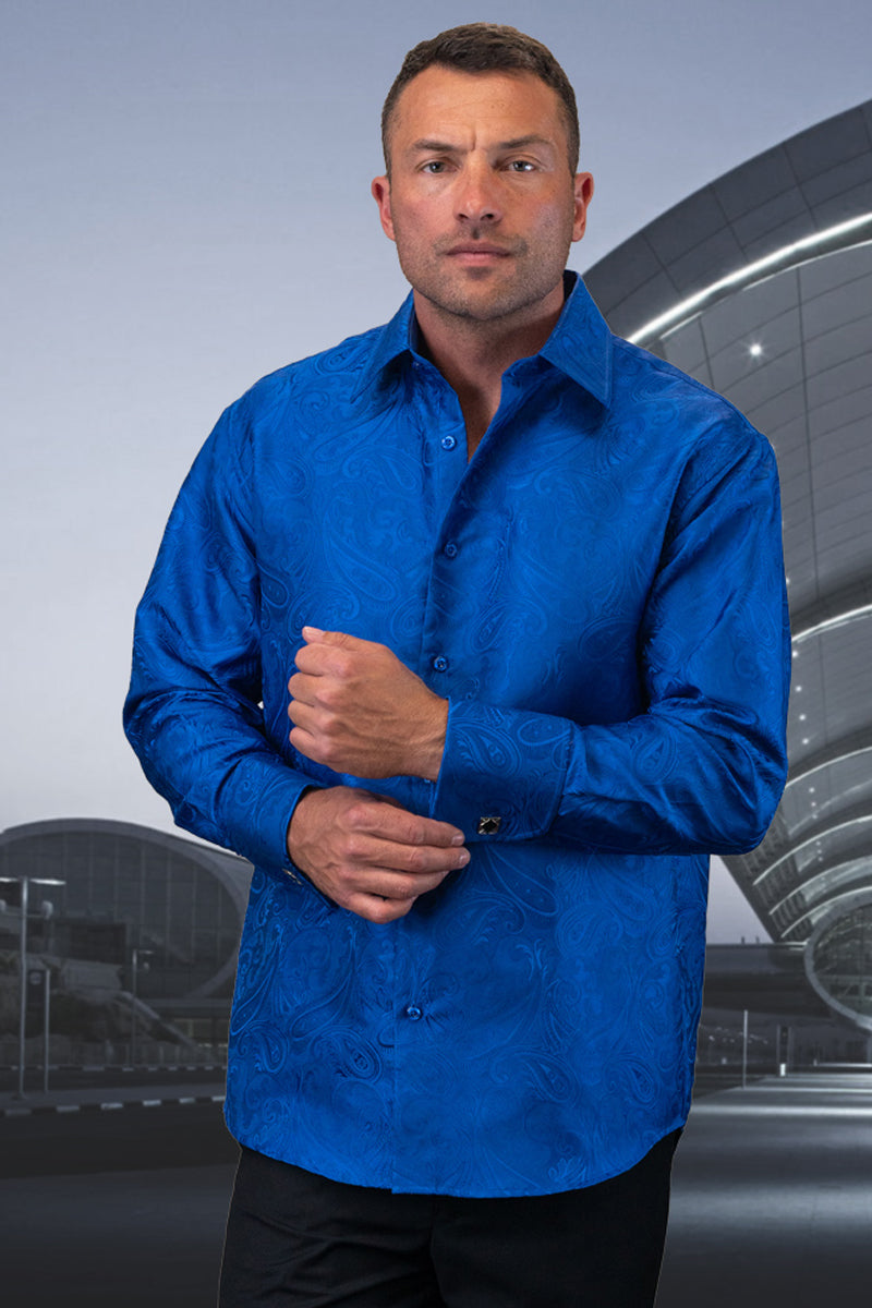 Men's Fancy Long Sleeve Woven Paisley Dress Shirt in Sapphire Blue