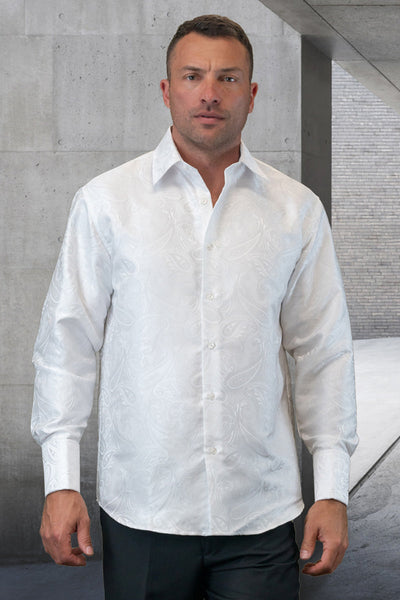 Men's Fancy Long Sleeve Woven Paisley Dress Shirt in White