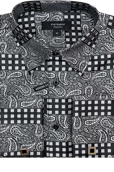 Men's Fancy French Cuff Long Sleeve Dress Shirt in Black Paisley Plaid