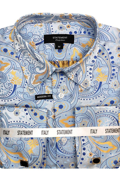 Men's Fancy French Cuff Long Sleeve Dress Shirt in Blue Paisley