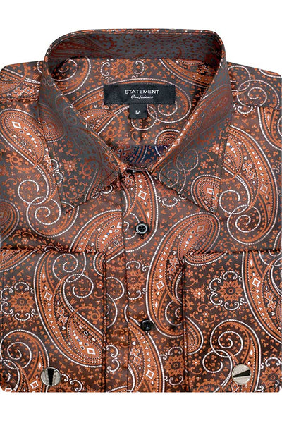 Men's Fancy French Cuff Long Sleeve Dress Shirt in Orange Brick Paisley