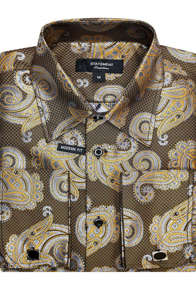 copper dress shirt Men's Satin Dress Shirt Convertible Cuff Regular Fit in Copper With Tie And Pocket Square 14 32/33 / Copper