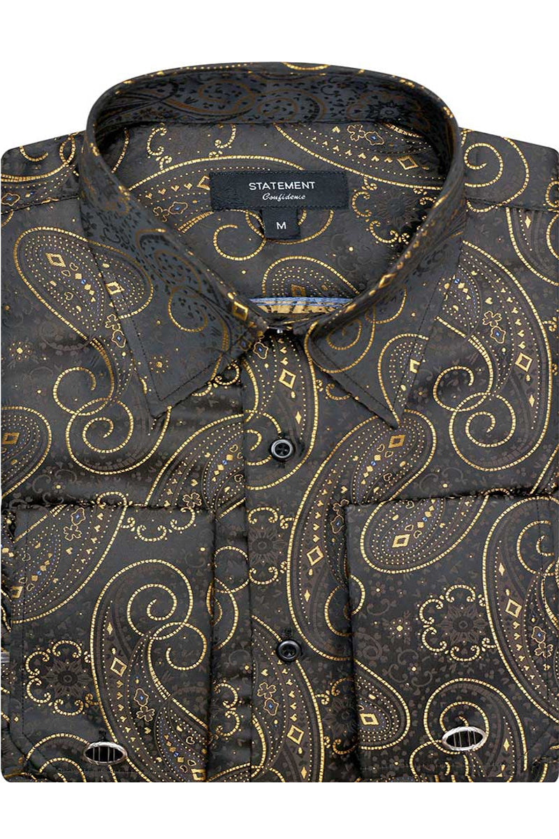 Men's Fancy French Cuff Long Sleeve Dress Shirt in Gold Paisley