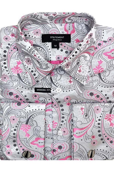 Men's Fancy French Cuff Long Sleeve Dress Shirt in Grey & Pink Paisley