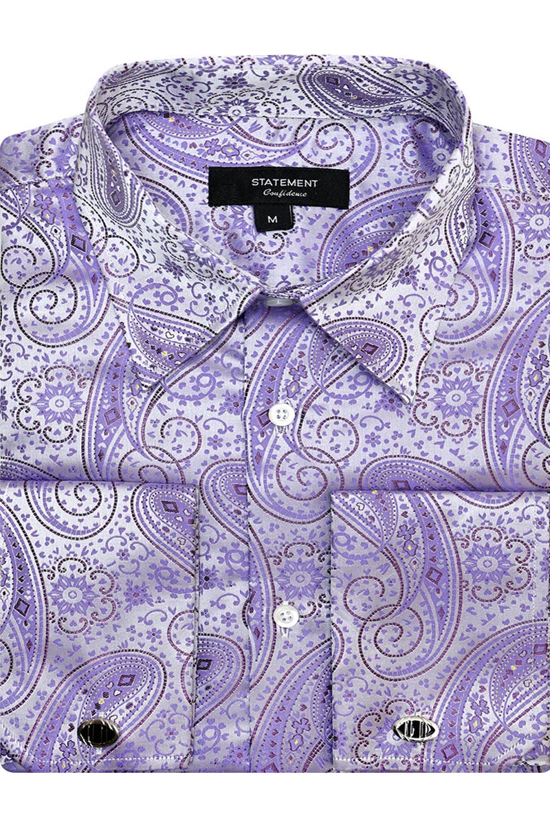 Men's Fancy French Cuff Long Sleeve Dress Shirt in Lavender Paisley