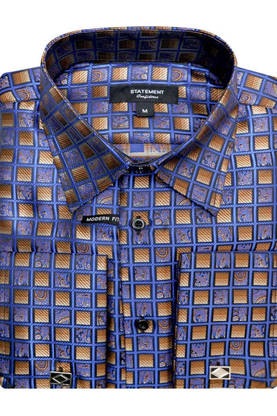 Men's Fancy French Cuff Long Sleeve Dress Shirt in Royal Blue Check