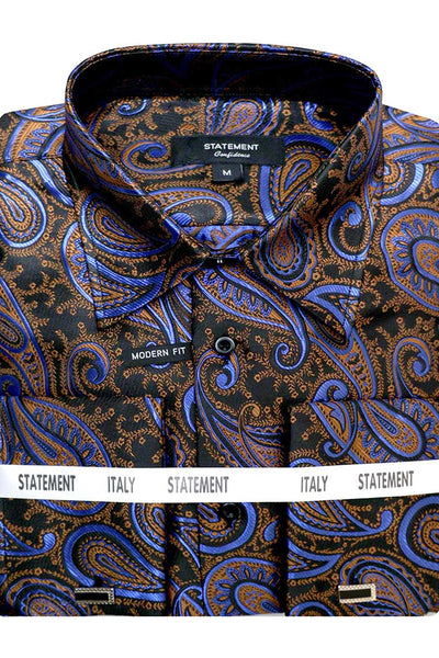 Men's Fancy French Cuff Long Sleeve Dress Shirt in Sapphire Blue Paisley