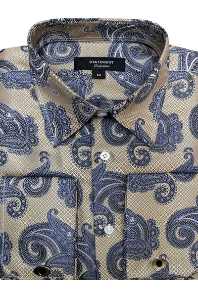 Men's Fancy French Cuff Long Sleeve Dress Shirt in Tan & Blue Paisley