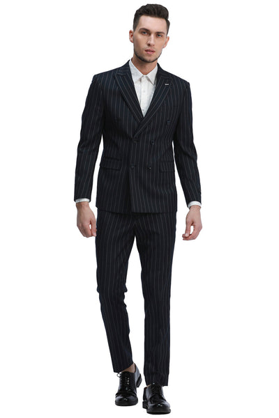 Men's Slim Fit Double Breasted Bold Gangster Pinstripe Suit in Black