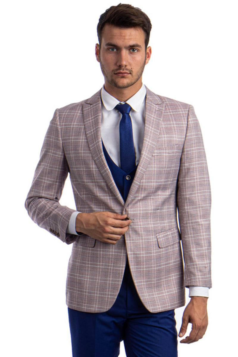 Men's One Button Peak Lapel Pink Glen Plaid Suit with Double Breasted Vest