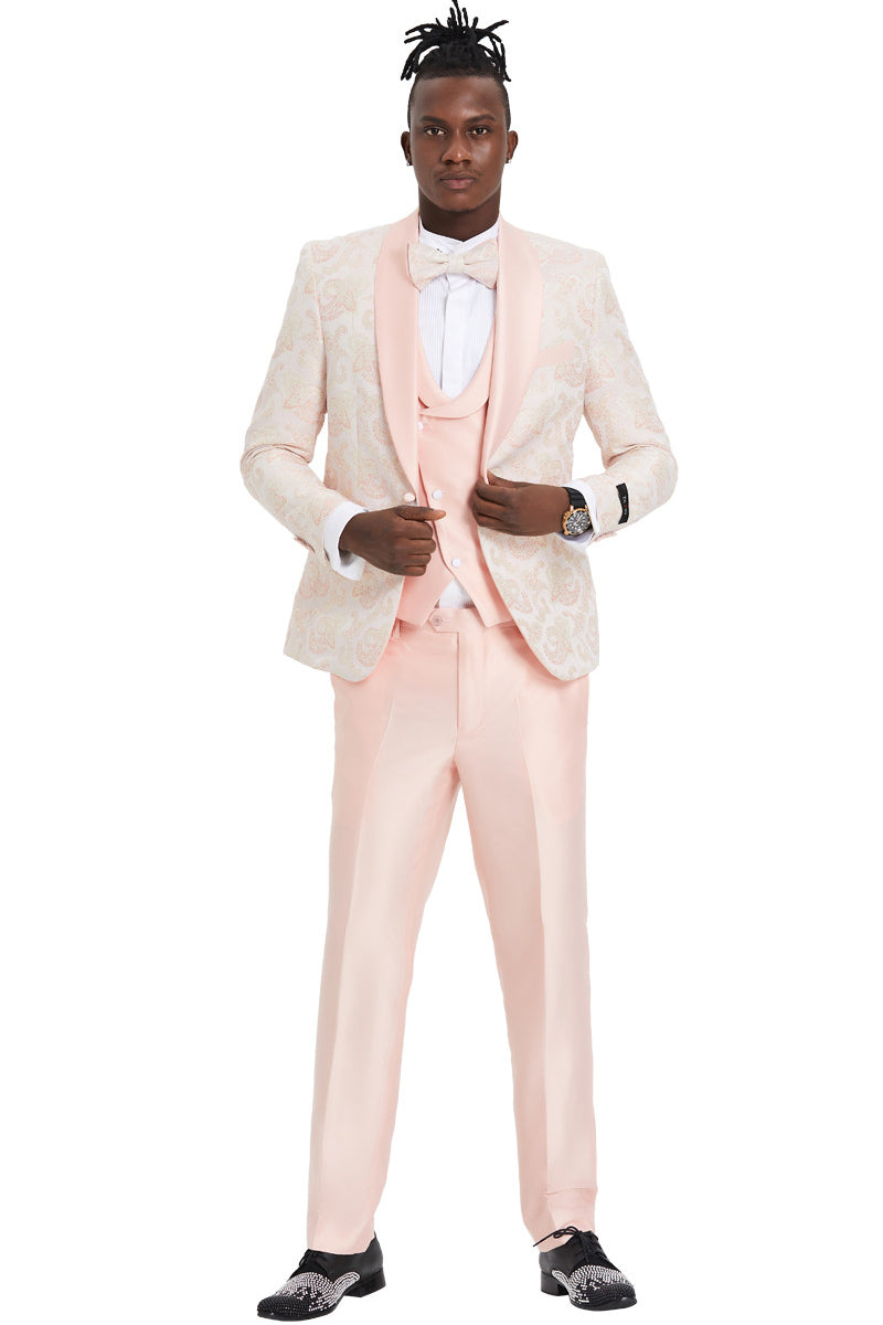 Men's One Button Vested Shawl Lapel Prom Tuxedo in Embossed Pink Paisley