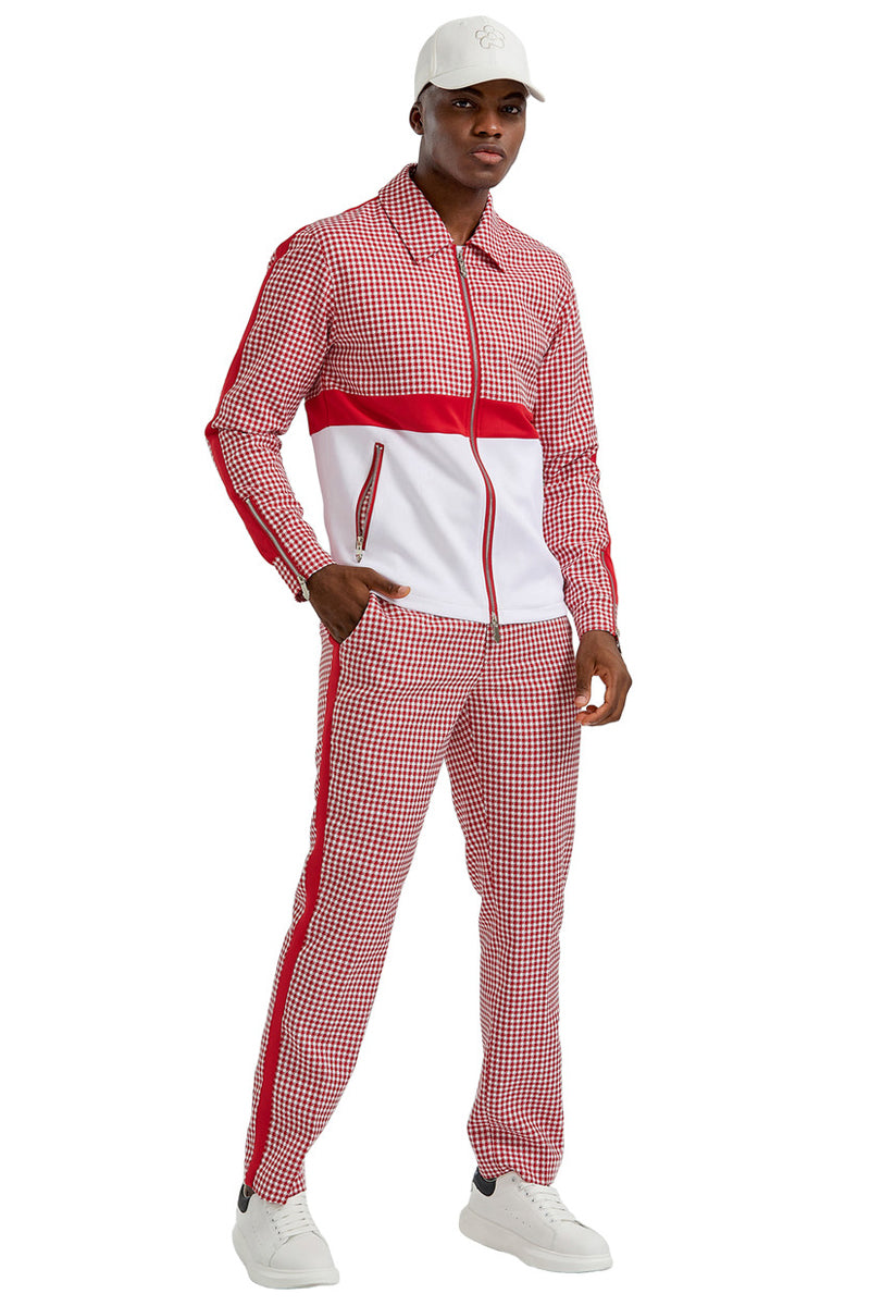 Men's Casual Walking Suit Jacket & Pant Set in Red Houndstooth