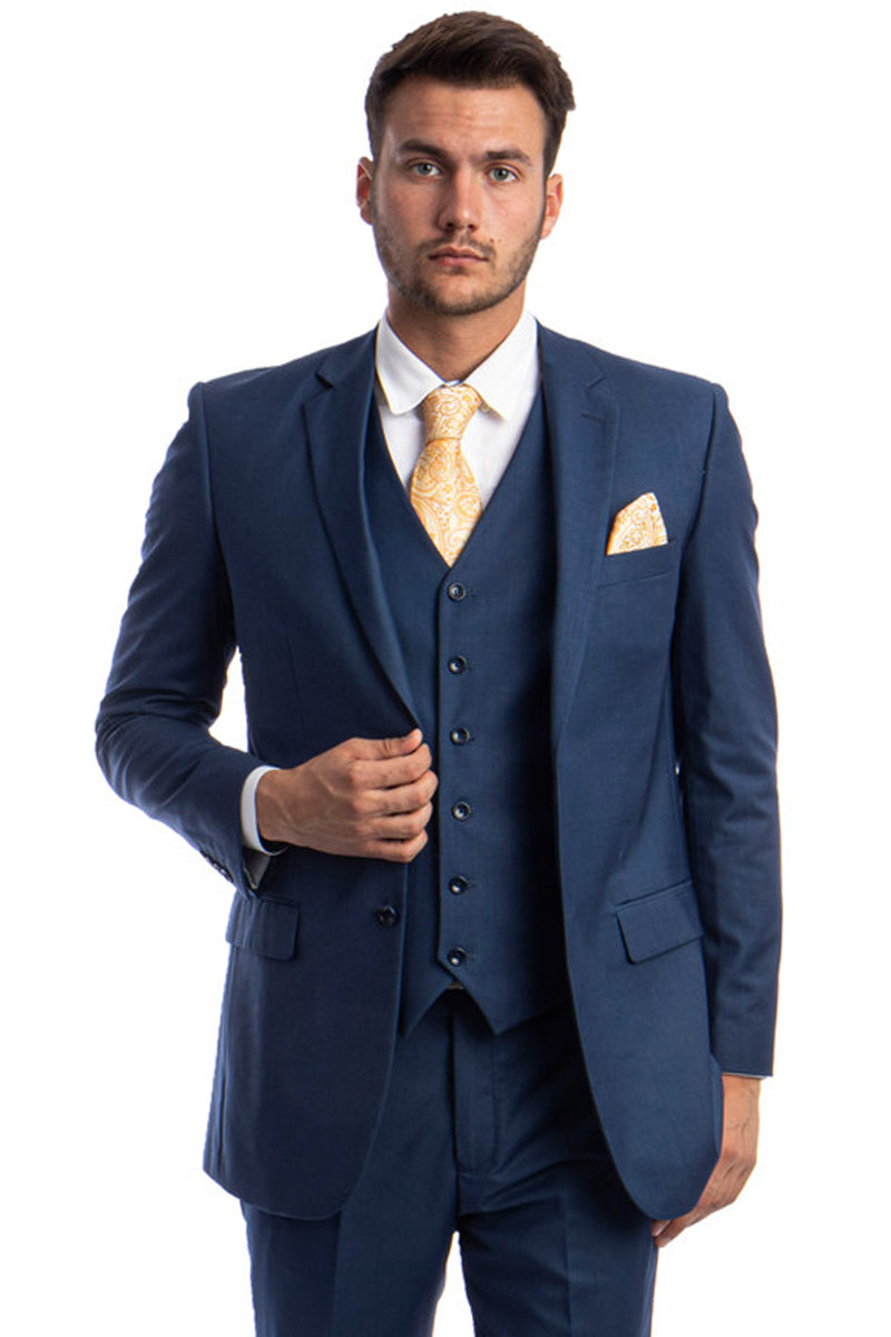 Men's Vested Two Button Solid Color Wedding & Business Suit in Indigo ...