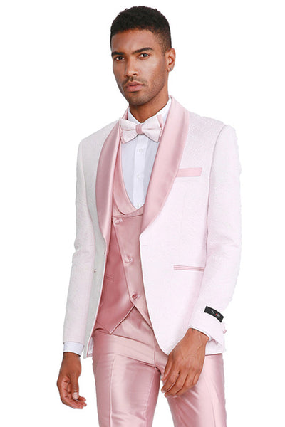 Men's One Button Vested Paisley Prom & Wedding Tuxedo with Satin Vest and Pants in Pink