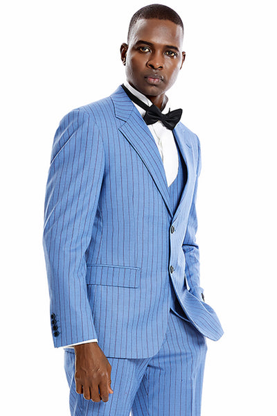 Men's Two Button Vested Wide Notch Lapel Vintage Style Pinstripe Suit in Smoke Blue