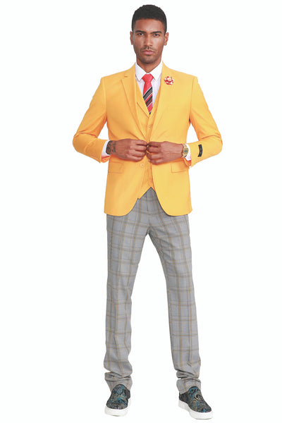 Men's Two Button Vested Summer Suit in Canary Yellow with Grey & Yellow Plaid Pants