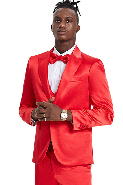 Men's One Button Vested Shiny Satin Sharksking Prom & Wedding Party Suit in Red