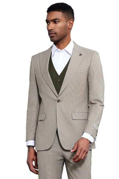 Men's Stacy Adams One Button Peak Lapel Vested Micro Check in Sage Green with an Olive Green Vest
