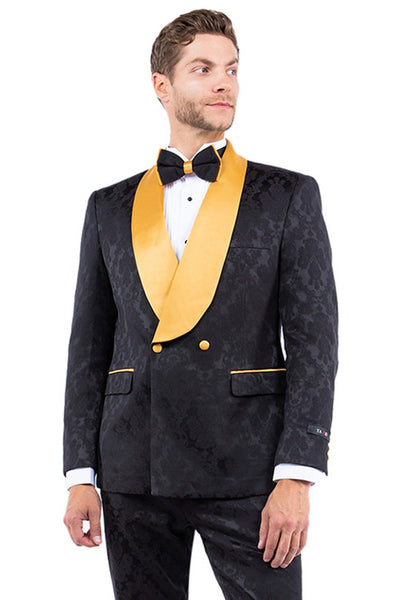 Men's Slim Fit Double Breasted Paisley Smoking Jacket Prom & Wedding Tuxedo in Black & Gold