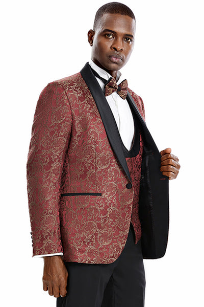 Men's One Button Vested Prom & Wedding Shawl Tuxedo in Red & Gold Paisley