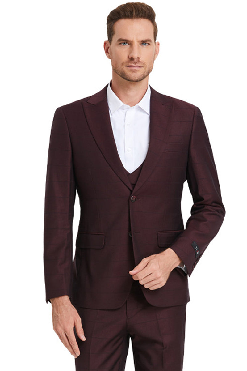 Men's Two Button Vested Peak Lapel Sharkskin Suit in Burgundy Windowpane Plaid