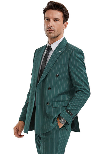 Men's Slim Fit Double Breasted Bold Gangster Pinstripe Suit in Hunter Green