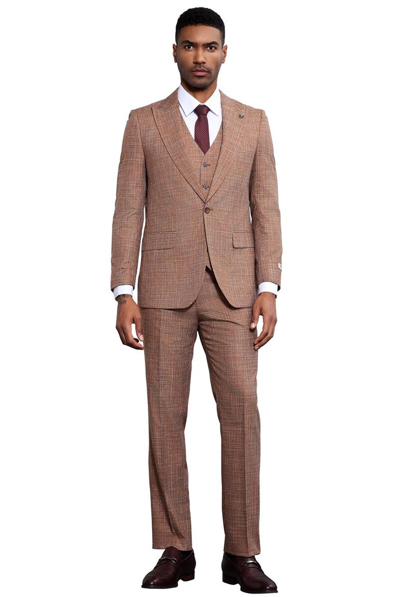 Men's Stacy Adams Vested Sharkskin Weave Pattern Suit in Light Rust ...