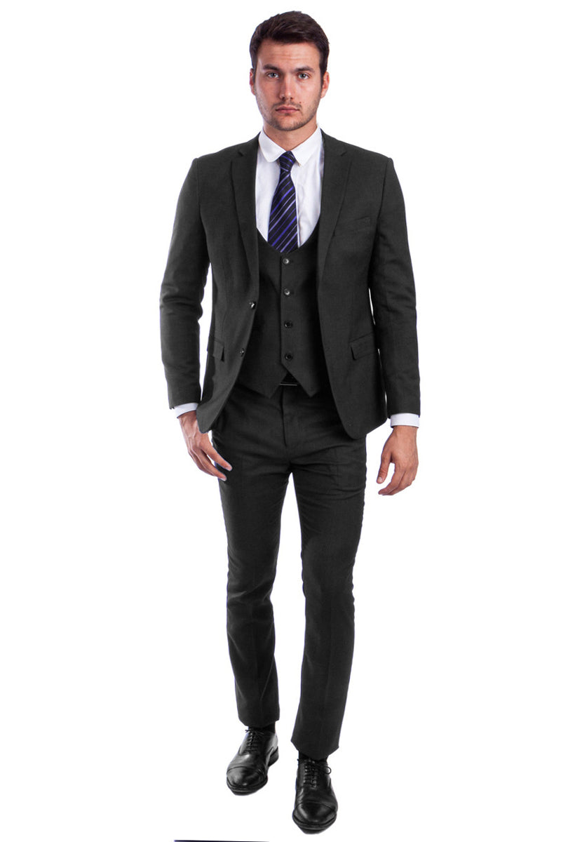 Men's Two Button Skinny Fit Vested Suit in Black