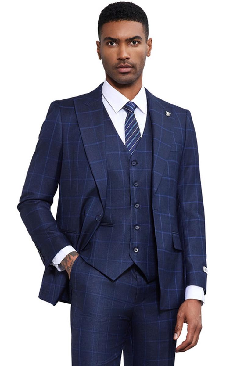 Men's Stacy Adams Classic One Button Vested Windowpane Suit in Navy Bl ...