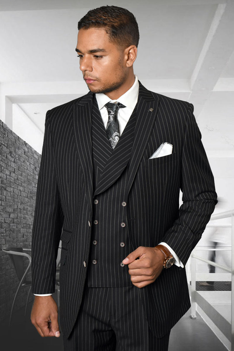 Men's Designer Wool Pleated Pant Vested Suit in Bold Black Gangster Pinstripe