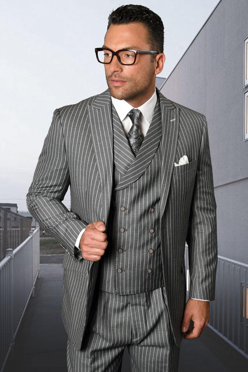 Men's Designer Wool Pleated Pant Vested Suit in Bold Grey Gangster Pinstripe