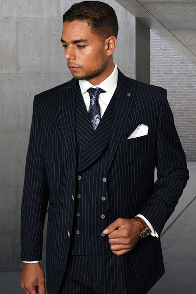 Men's Designer Wool Pleated Pant Vested Suit in Bold Navy Gangster Pinstripe