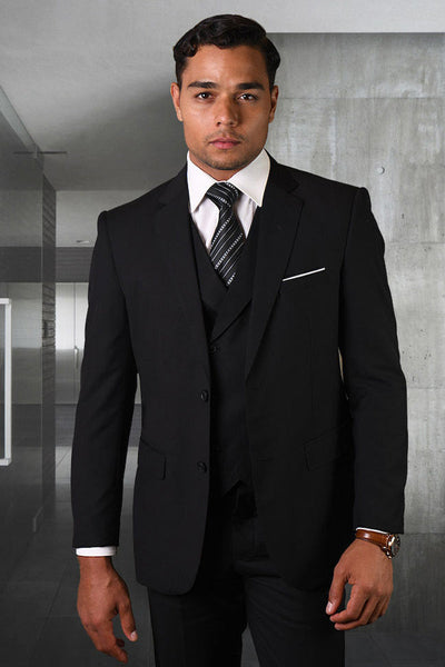 Men's Designer Modern Fit Double Breasted Vest Wool Wedding Suit in Black