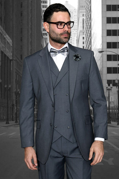 Men's Designer Modern Fit Double Breasted Vest Wool Wedding Suit in Charcoal Grey